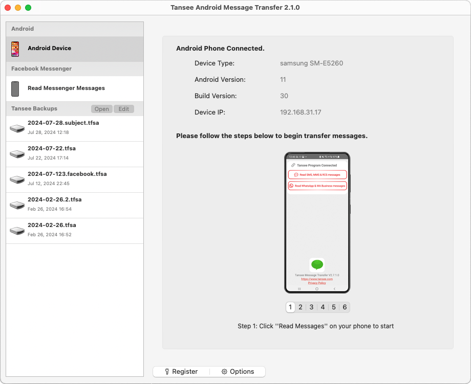 Copie mensagens SMS, MMS, RCS e mensagens WhatsApp de um telefone Android para o seu Mac