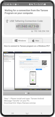 Opção 3: Obtenha o código de conexão USB Tethering do aplicativo Tansee