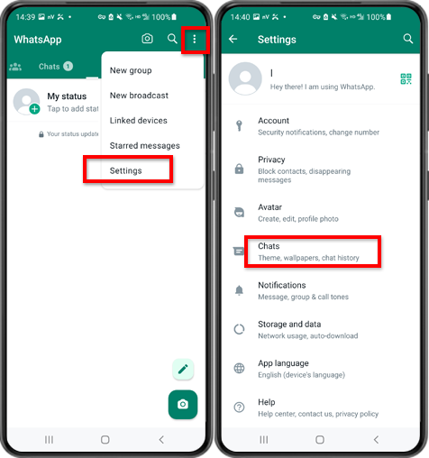 Passo 1: Abra o WhatsApp. Vá ao menu Configurações e toque em “Bate-papos”.