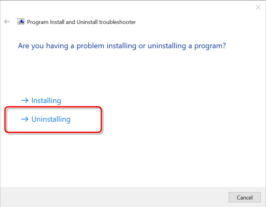 Use o programa 'Microsoft Program Install and Uninstall Troubleshooter'